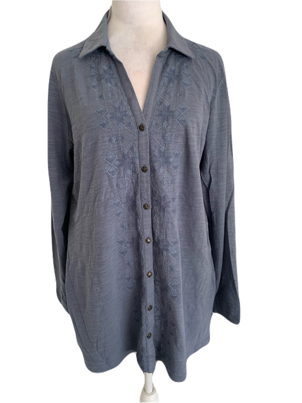 NWT J. Jill Blue Haze Women’s Medium Embroidered Button Front Boho Tunic Top